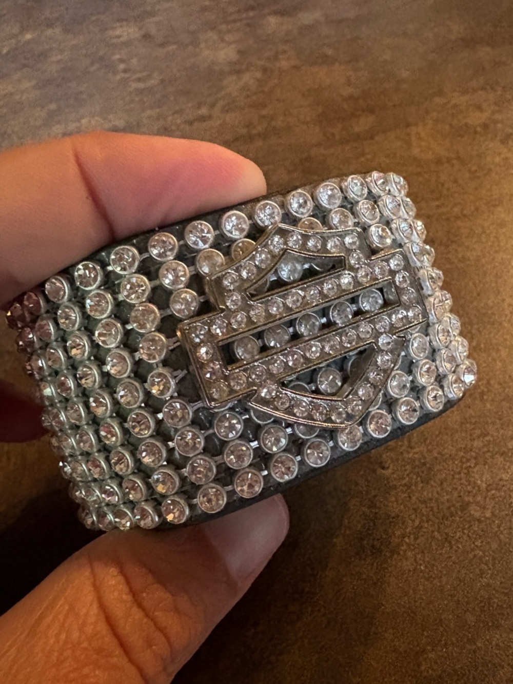 Harley-Davidson Silver Crystal Rhinestone Leather Cuff Bracelet